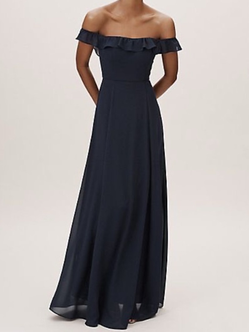 Bhldn Off-Shoulder Navy Ruffle Maxi Dress